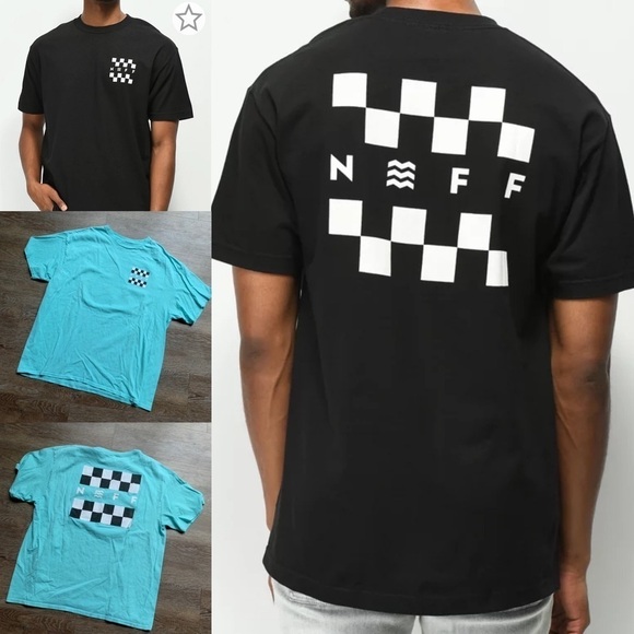 Neff Checkerboard Teal Blue Skater Snow Ski T-Shirt XL - Picture 1 of 7